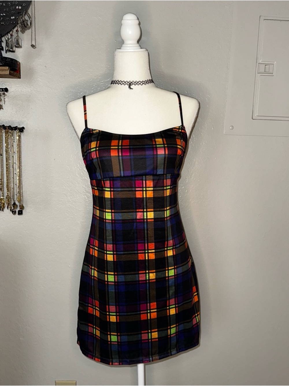 dELiA*s x Dolls Kill Black Multi Plaid Spaghetti-Strap Stretchy Mini Dress